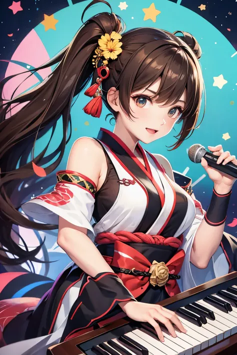 Top quality, ample limbs, perfect fingers, slender beauty, twin-tailed bun hairstyle, brown hair, Deresute, A costume of haori and hakama with a flashy pattern,Band instrumentskeyboard, beautiful large breasts, live stage, Playing Band InstrumentsKeyboard