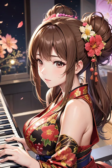 Top quality, ample limbs, perfect fingers, slender beauty, twin-tailed bun hairstyle, brown hair, Deresute, A costume of Floral haori and minihakama with a flashy pattern,Band instrumentskeyboard, beautiful large breasts, live stage, Playing Band Instrumen...