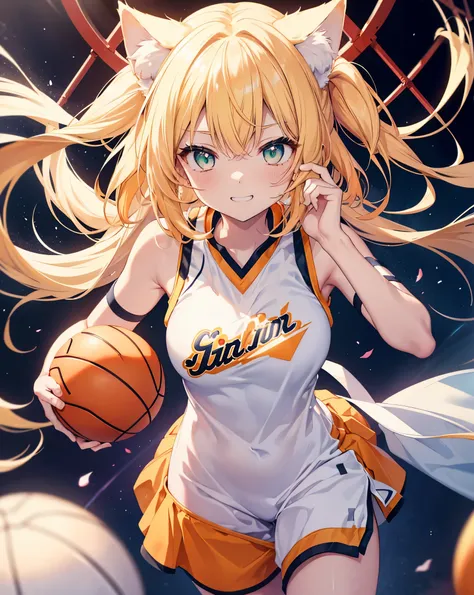 Single color background. 1nekogirl, White cat ears,blonde fox tail, basketball clothes, oversize orange basketball t-shirt, white  basketball shorts, bare shoulder. Long blonde hair, cool anime Green eyes. she is doing a slam dunk. She is Mid-air, shot fro...