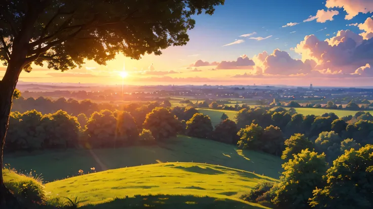 birds eye view of nature with the sun shining in the distance in the uk. The setting has a sunny and a bright atmosphere, with soft lighting casting a gentle glow on the surroundings. anime style
