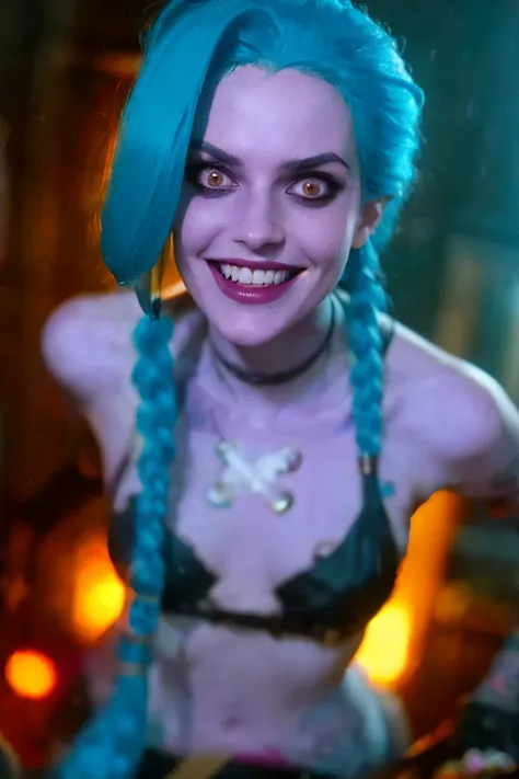 Close-up face. Hyper realistic super detailed Jinx cosplay , ((Young girl, 15 years old)), Very detailed, (hyper realistic: 1.4), in dynamic pose, (((psycho face, creppy smiling))), twin braids, long hair, blue hair, red eyes, tattooed, ((skinny Body)), ((...