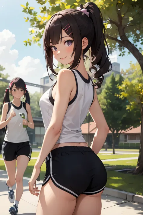 ((Highest quality)), ((masterpiece)), (detailed), One girl, sexy.brown_hair,long_hair,multiple_girls,black_hair,,day,brown_eyes,shorts,outdoors,short_hair,smile,bionde_hair,twintails,purple_hair,hair_ornament,hairclip,hairband,tree,arms_behind_back,sleevel...