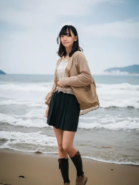 Highest quality,Super detailed,A woman looking at the camera on the beach at Enoshima,Turn slightly to the side and look at me,Ruffled long sleeve blouse,Flared mini skirt,Posing for a photo,She is carrying a cute beige backpack.,Distant scenery is blurry