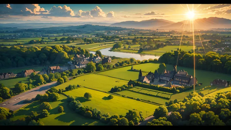 birds eye view of nature with the sun shining in the distance in the uk. The setting has a sunny and a bright atmosphere, with soft lighting casting a gentle glow on the surroundings. anime style