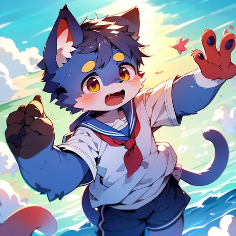 furのような,super high quality,Very detailed,High resolution,Purple Cat,male,Ocean,Sailor suit,School,(Cheerful Teenager - 13 years old:1.3),Pixiv Contest Winners, Perfect Anatomy,blue sky,Red ear,fur,thin tail,Long ears,Squid ears,Dirty Face,Ahegao eyes,alone