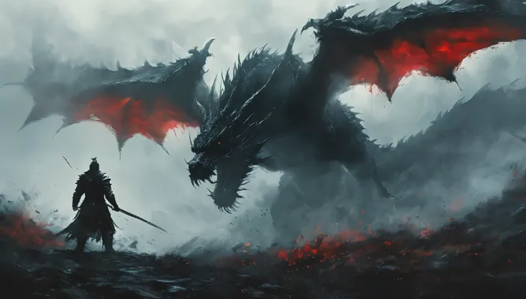 a warrior wearing black armor, helmet, and blood-stained, muscular male figure standing alone, dramatic lighting, dark moody atmosphere, highly detailed, cinematic, epic, concept art style,The elusive giant dragon in the mist,The dragon gazed at the man,Th...