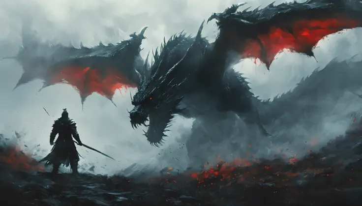a warrior wearing black armor, helmet, and blood-stained, muscular male figure standing alone, dramatic lighting, dark moody atmosphere, highly detailed, cinematic, epic, concept art style,The elusive giant dragon in the mist,The dragon gazed at the man,Th...