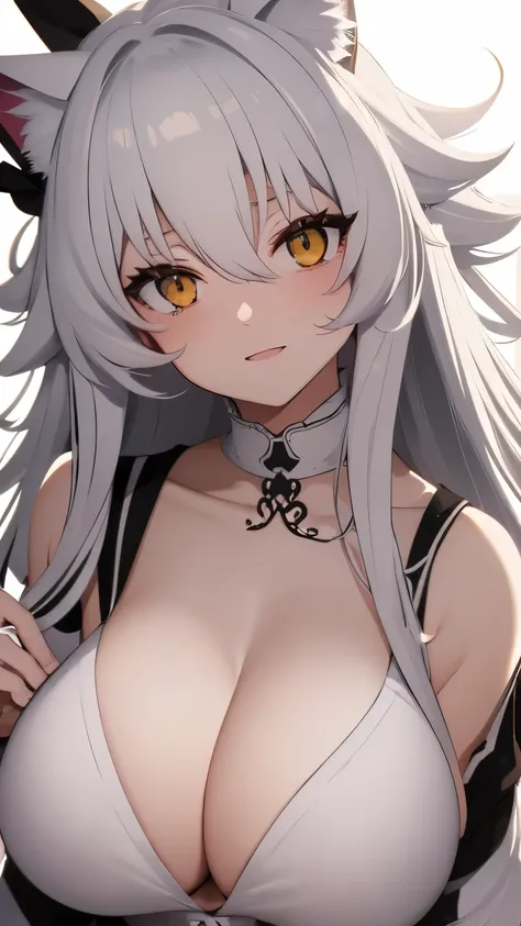 Long white hair, cat ears, very large breasts, clothes that emphasize cleavage, upper body only, hands rubbing breasts, embarrassed, white background