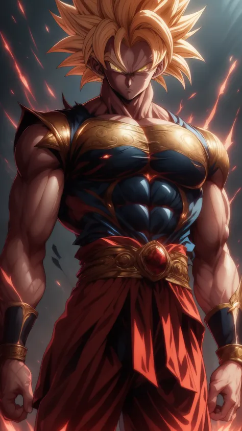 Broly is extremely handsome with deep red eyes standing straight in front of a dark neutral background. His short red and yellow hair is neatly cut, creating a perfect image for his angular face. With a confident and decisive attitude, he shines with golde...