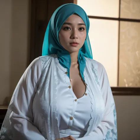 30 Years old, Indonesian mature woman, wearing Wide Hijab, perfect , natural Gigantic breast : 96.9, gorgeous eyes, Soft smile, wear a Yukata, No Wearing Bra, necklace, Breast about to burst Out, Nightime walk, Lewd Situation, Light Colour.