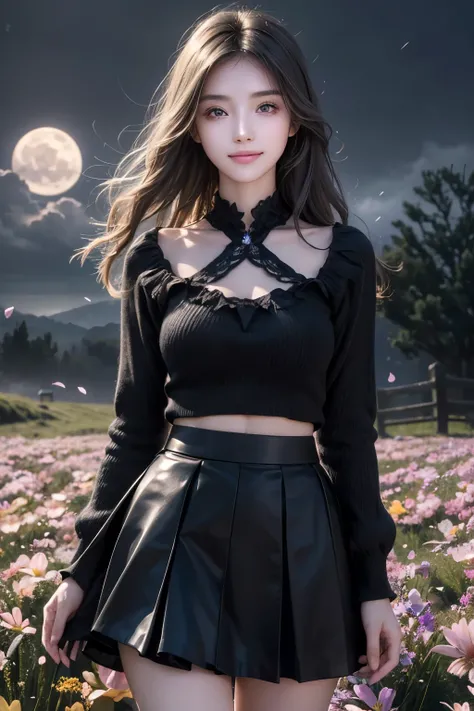 masterpiece, Highest quality,, One girl, (colorful),(Beautifully detailed eyes and face),cinematic Lighting,Bust Shot,Highly detailed CG Unity 8k wallpaper,Gray Hair,alone,smile,Complex skirt,((Flying petals)),(Flowery meadow), null, cloudy_null, building,...