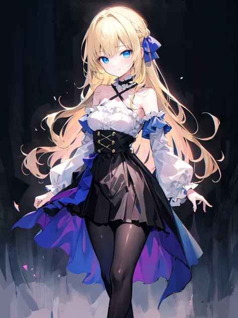 ultra detailed, masterpiece, best quality, solo, soft smile, light smile, 
1girl, blue eyes, very long hair, blonde hair, long blonde hair, french braid, bangs, medium breasts,
hair ribbon, frilled choker, criss-cross halter, sleeveless dress, high-waist s...