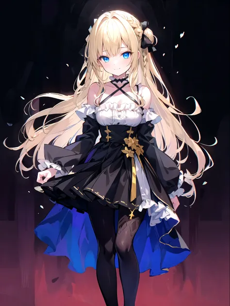 ultra detailed, masterpiece, best quality, solo, soft smile, light smile,
1girl, blue eyes, very long hair, blonde hair, long blonde hair, french braid, bangs, medium breasts,
hair ribbon, frilled choker, criss-cross halter, sleeveless dress, high-waist s...