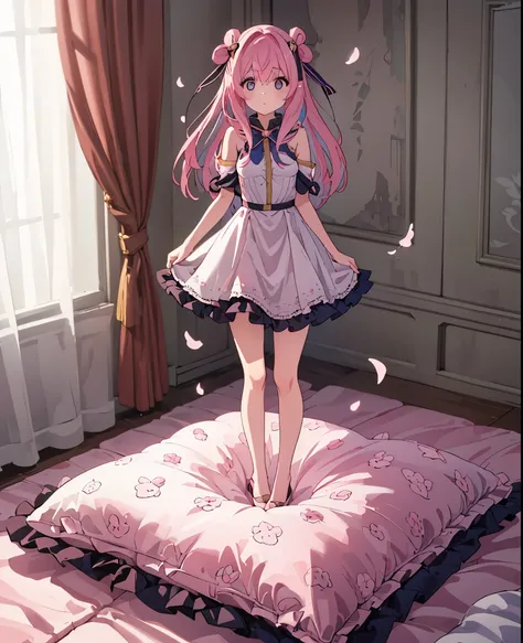 (best quality, masterpiece),full body, 1 girl, solo, mine ,nsfw, details, (Light and shadow oxtail , Cute girl posing on pillow ,standing on pillow,,(pillow), large pillow, (((colorful))), color correction, pink hair, frilled pillow,pink pillow,