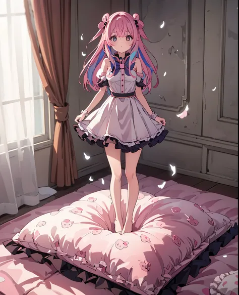 (best quality, masterpiece),full body, 1 girl, solo, mine ,nsfw, details, (Light and shadow oxtail , Cute girl posing on pillow ,standing on pillow,,(pillow), large pillow, (((colorful))), color correction, pink hair, frilled pillow,pink pillow,