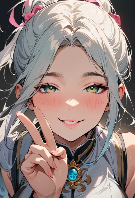 (masterpiece, best quality:1.4), 1 girl, 独奏, Colored pupils, Blurred eyes, Close your left eye, Smile, Look up and down, Pink lower lip, peace gesture, Light green double ponytail hairstyle,  Royal sister, large breasts, Pure grey vest, Vision, black backg...