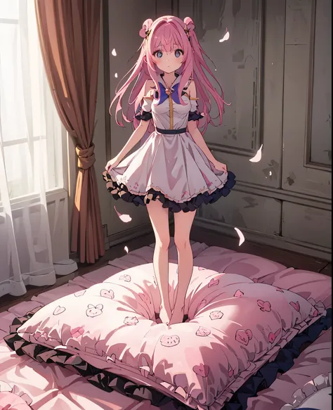 (best quality, masterpiece),full body, 1 girl, solo, mine ,nsfw, details, (Light and shadow oxtail , Cute girl posing on pillow ,standing on pillow,,(pillow), large pillow, (((colorful))), color correction, pink hair, frilled pillow,pink pillow,