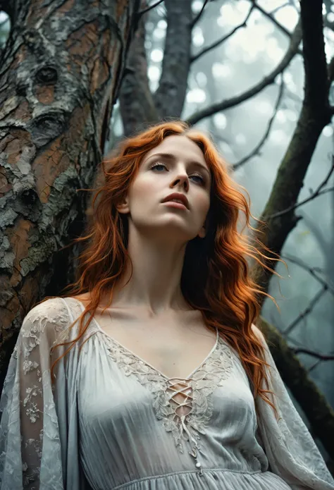 Full portrait, Realistic, Photorealistic, analog photo, Highly detailed, cinematic rendering, Wild Dead Forest, evening, Cute 24-year-old woman, Leaning back in a tree and looking up at the grey cloudy sky, Redhead, Sexy, Dressed in a white tattered nightg...