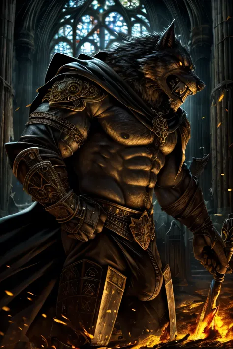 (One Muscular male bara furry wolf, grey fur, dilf, bulge) clothing=(medieval mercenary attire, Gold fangs, gold metal bracers+gold ornaments+black greaves+Yellow eyes+Dark old wrinkled maroon cape), Place=(Old Rome, Midnight, dramatic, lighting in his fac...