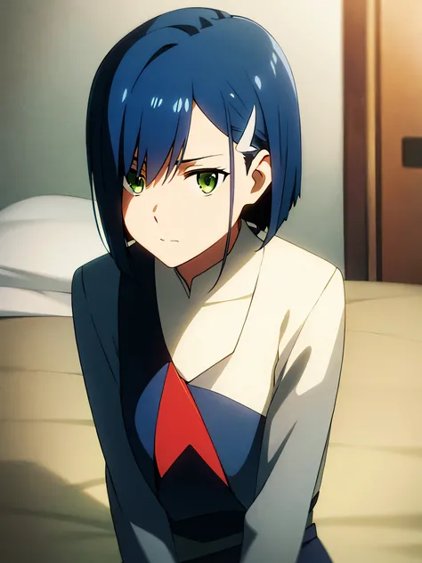 Ichigo, green eyes, blue hair, short hair, hair ornament, hairclip, bangs, gray uniform