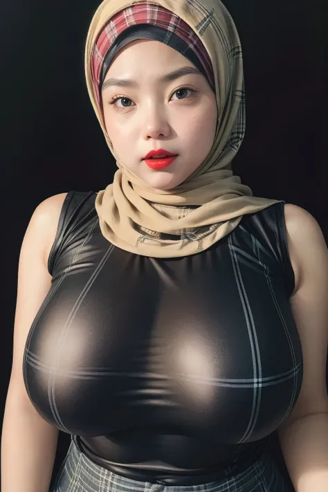 ((Red Lips)), Jumbo (Singlet), Chubby adorable, 1 girl, (face to face), 10 years old, baby face, angry face expression, half body portrait, (face details: 1), (eye details: 1), ((big breasts)). wearing transparent transparency soft long shirt, hijab, .. Cu...