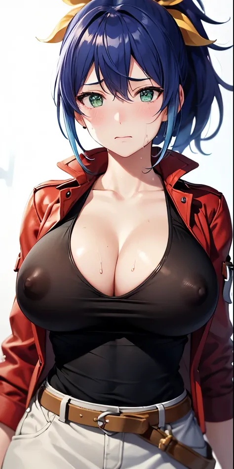 1 Female,High definition,high resolution,Ultra-realistic,8K, aaserena, yellow ponytail, ((multicolored hair)), red jacket, black shirt, belt, white skirt, tight skirt, miniskirt ,large hair,European,sexy,Upper body close-up,Photographed from the front,Dyna...