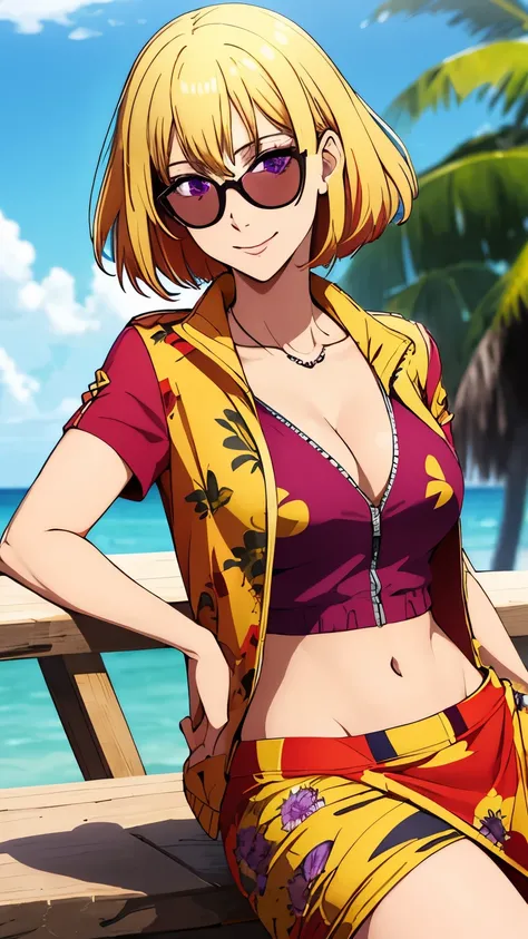 masterpiece, best quality, highres, eyewear on head, sunglasses, purple eyes, collarbone, cleavage, red-yellow jacket, cropped jacket, partially unzipped, short sleeves, midriff, sarong, print sarong, sitting, outdoors, smile, waving, yellow hair