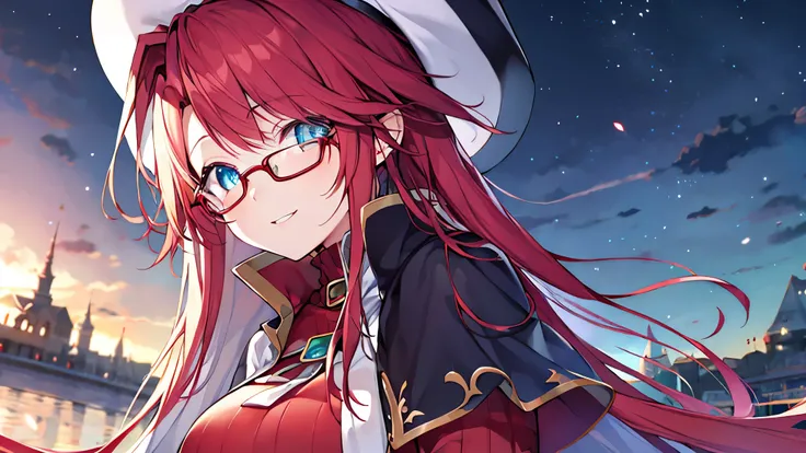 summonnightaty, aty, (young:1.3),long hair, blue eyes, red hair, big_tits, hat, glasses, BREAK long hair,, hat, dress,glasses, cape, sweater, beret,ribbed sweater,,solo, BREAK outdoors, fantasy, BREAK (masterpiece:1.2), best quality, high resolution, unity...