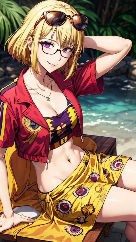 masterpiece, best quality, highres, eyewear on head, sunglasses, purple eyes, collarbone, cleavage, red-yellow jacket, cropped jacket, partially unzipped, short sleeves, midriff, sarong, print sarong, sitting, outdoors, smile, waving, yellow hair