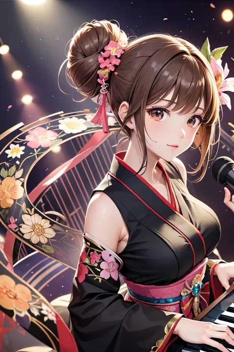 Top quality, ample limbs, perfect fingers, slender beauty, twin-tailed bun hairstyle, brown hair, Deresute, A costume of Floral haori and minihakama with a flashy pattern,Band instrumentskeyboard, beautiful large breasts, live stage, Playing Band Instrumen...