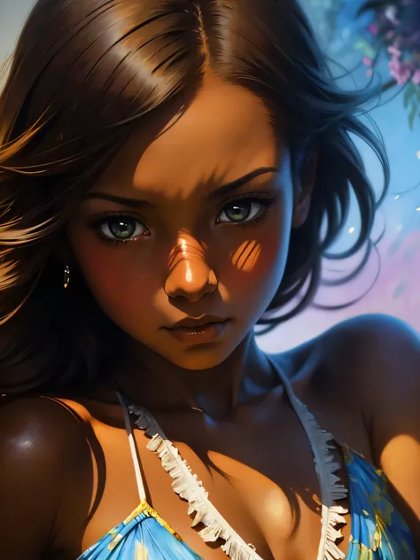 ((Solo Beautiful Carribean woman with dark skin and striking eyes)),  shadowed interior background, art by akihiko yoshida, manga art style, colorfield illustration, scary atmosphere, global illumination, by frank frazetta, art by goro fujita, glamor shot,...