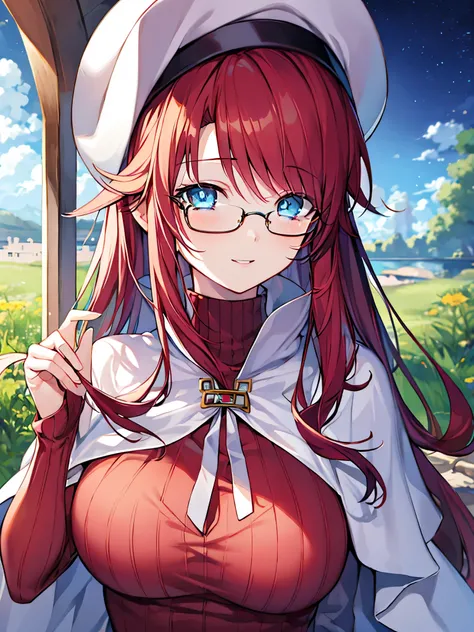 summonnightaty, aty, (young:1.3),long hair, blue eyes, red hair, big_tits, hat, glasses, BREAK long hair,, hat, dress,glasses, cape, sweater, beret,ribbed sweater,,solo, BREAK outdoors, fantasy, BREAK (masterpiece:1.2), best quality, high resolution, unity...