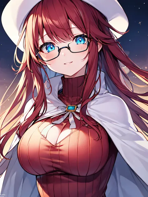 summonnightaty, aty, (young:1.3),long hair, blue eyes, red hair, big_tits, hat, glasses, BREAK long hair,, hat, dress,glasses, cape, sweater, beret,ribbed sweater,,solo, BREAK outdoors, fantasy, BREAK (masterpiece:1.2), best quality, high resolution, unity...