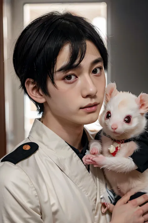 Pale anime boy with short black hair and eyes in the art style of kimi ni todoke, with a Chinese military uniform and soft features like a dark doll mask that carries a small albino rat with red eyes on its shoulder in the artistic style of Kimi ni todoke,...