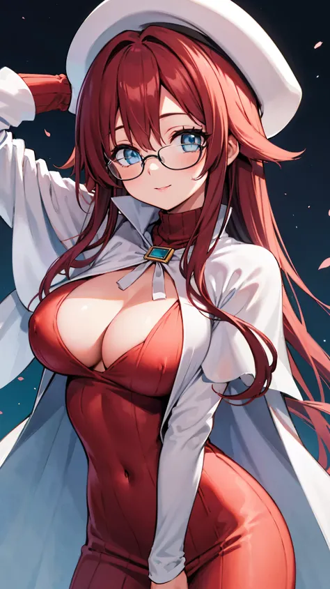 summonnightaty, aty, (young:1.3),long hair, blue eyes, red hair, big_tits, hat, glasses, BREAK long hair,, hat, dress,glasses, cape, sweater, beret,ribbed sweater,,solo, BREAK outdoors, fantasy, BREAK (masterpiece:1.2), best quality, high resolution, unity...