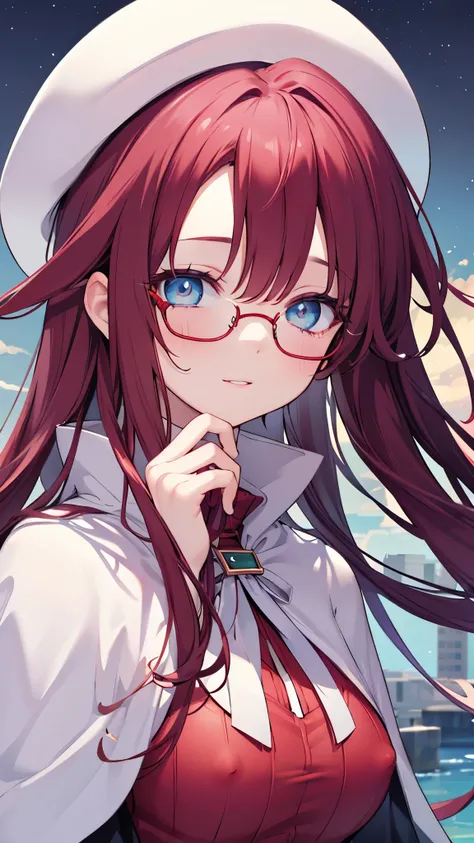 summonnightaty, aty, (young:1.3),long hair, blue eyes, red hair, big_tits, hat, glasses, BREAK long hair,, hat, dress,glasses, cape, sweater, beret,ribbed sweater,,solo, BREAK outdoors, fantasy, BREAK (masterpiece:1.2), best quality, high resolution, unity...