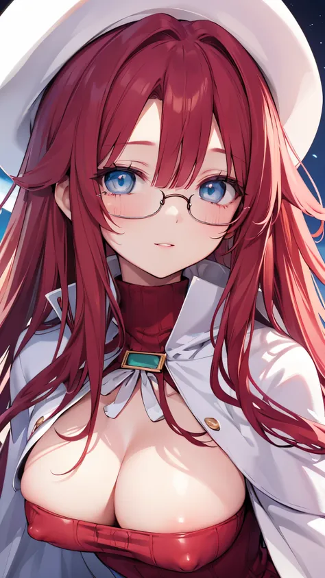 summonnightaty, aty, (young:1.3),long hair, blue eyes, red hair, big_tits, hat, glasses, BREAK long hair,, hat, dress,glasses, cape, sweater, beret,ribbed sweater,,solo, BREAK outdoors, fantasy, BREAK (masterpiece:1.2), best quality, high resolution, unity...