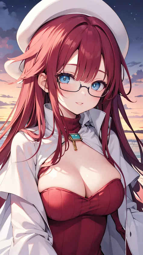 summonnightaty, aty, (young:1.3),long hair, blue eyes, red hair, big_tits, hat, glasses, BREAK long hair,, hat, dress,glasses, cape, sweater, beret,ribbed sweater,,solo, BREAK outdoors, fantasy, BREAK (masterpiece:1.2), best quality, high resolution, unity...