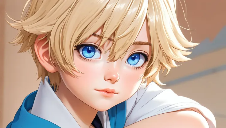 Anime - stylized image of a blonde-haired boy with blue eyes, Animation Moe Artstyle, Hajime Yatate, Smooth animated CG art, makoto shinka, Clean and detailed animation style, sayori, rei hiroe, also, cute realistic portrait, female protagonist 👀 :8, Detai...