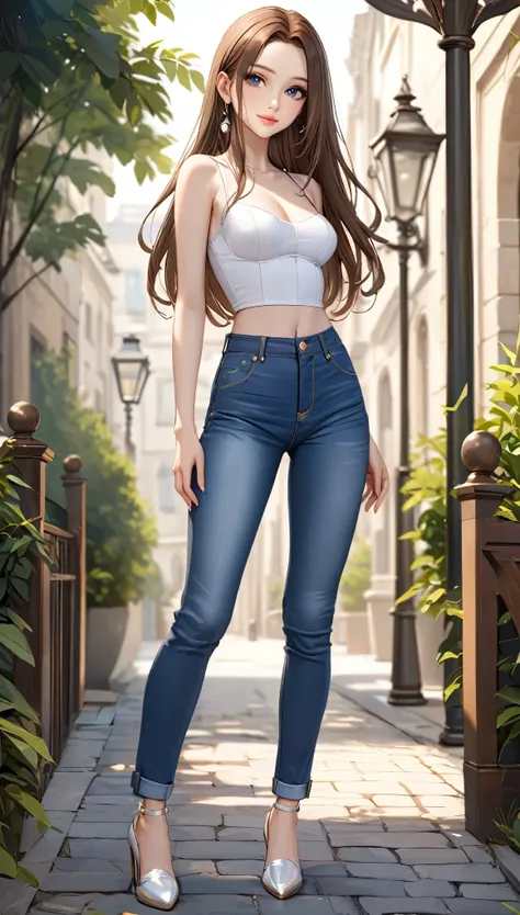 ((best quality, masterpiece:1.3, 8K)), (detailed), highly detailed face and skin texture, detailed eyes, full body, outdoor, (slender body:1.1), 1girl, (solo), (18+ years old), white skin, bright lips, seductive smile, long hair, forehead, brown hair, stra...