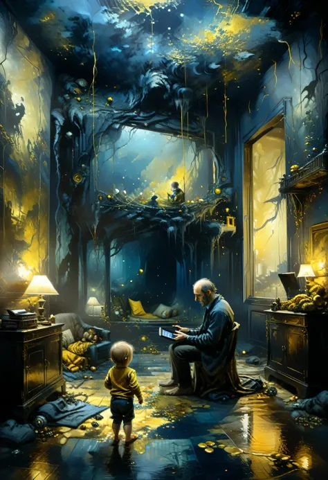 daddy with a baby kid playing on a room while on smartphone, while playing web3 games, mysterious atmosphere, deep dark blue and...