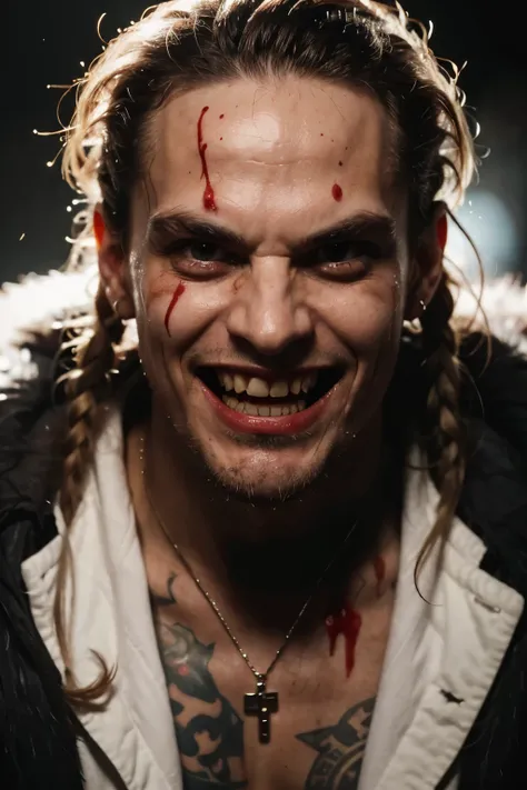 Close-up face. Hyper realistic super detailed , ((evil Man, 50 years old, beard)) , tattooed face, Very detailed, (hyper realistic: 1.4), in dynamic pose, (((psycho face, creppy smiling ))) , twin braids, blood o face, ( red eyes). Cinematic explosion back...