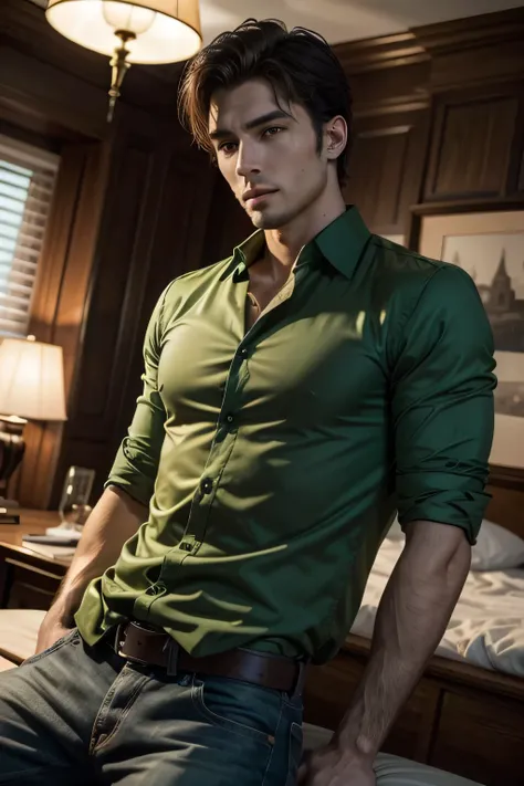 best qualityer, work of art, photo realist, details Intricate, very handsome man in green blouse sex