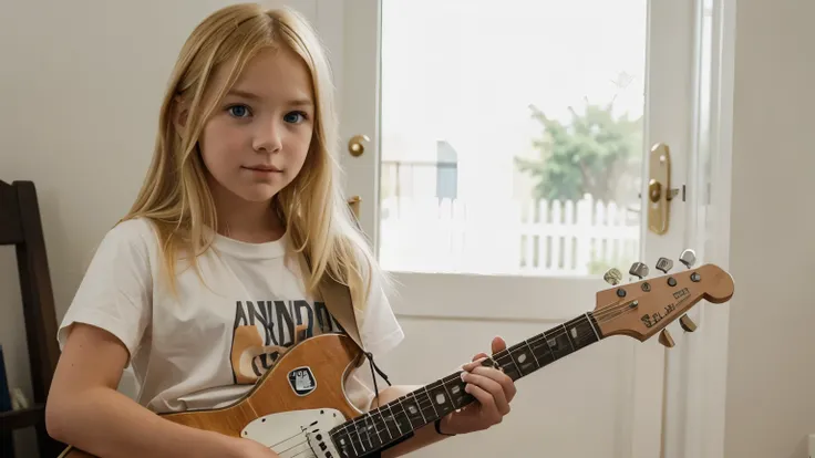 raise blonde child playing guitar