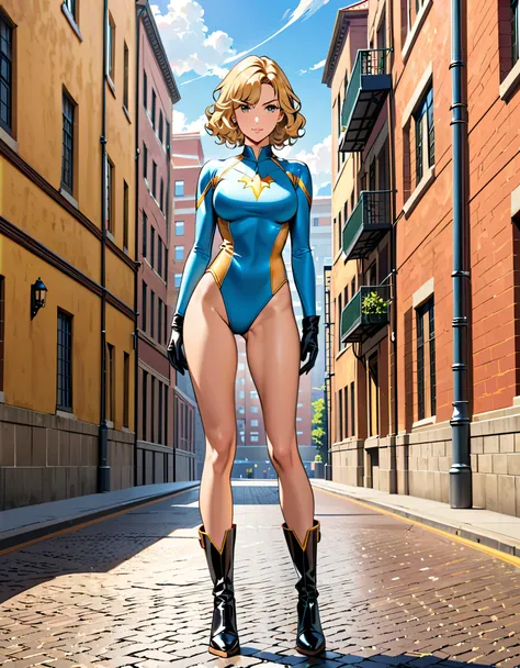 masterpiece, best quality, hires, 1girl, medium breasts, ((leotard, light blue leotard)), long sleeves, (lighting bolt emblem on chest), (bare legs), (fastened tight belt), boots, matching boots, gloves, city backdrop, solo, single, standing, rear view, fu...