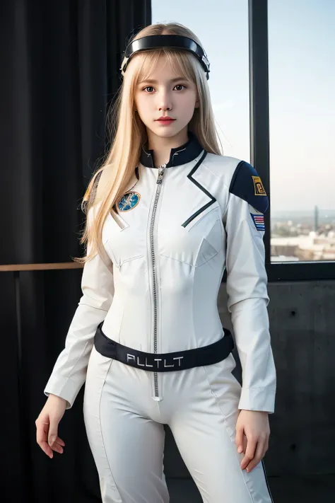 ((best quality)), photorealistic, photorealism, Photorealistic, high resolution, Beautiful, Baby Face, 17 Years Old, White Skin, pale skin, Medium breast, Combat pose, looking at the camera, (Detailed face), curtain hair, blonde hair, (wearing pilot suit, ...