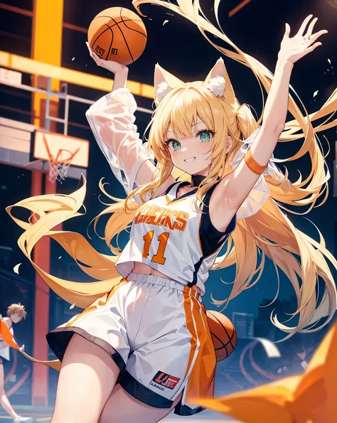 Single color background. 1nekogirl, White cat ears,blonde fox tail, basketball clothes, oversize orange basketball t-shirt, white  basketball shorts, bare shoulder. Long blonde hair, cool anime Green eyes. she is doing a slam dunk. She is Mid-air, shot fro...