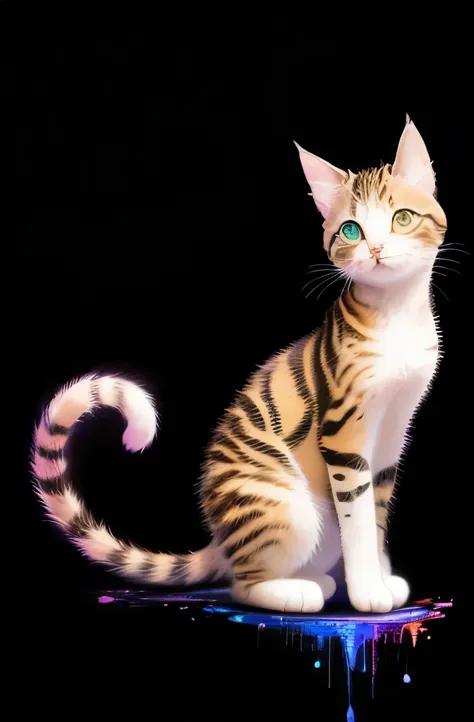 a painting of a colorful kitten on a black background,, breathtaking rendering, within a radiant connection, inspired by Kinuko Y. Craft,, magical elements, kitten icon, wow, is beautiful, casting a multi colorful spell, bright flash, flash