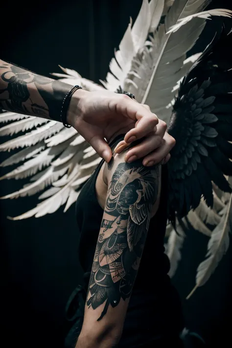 Make me a forearm ink with angel feathers mixed with crow 