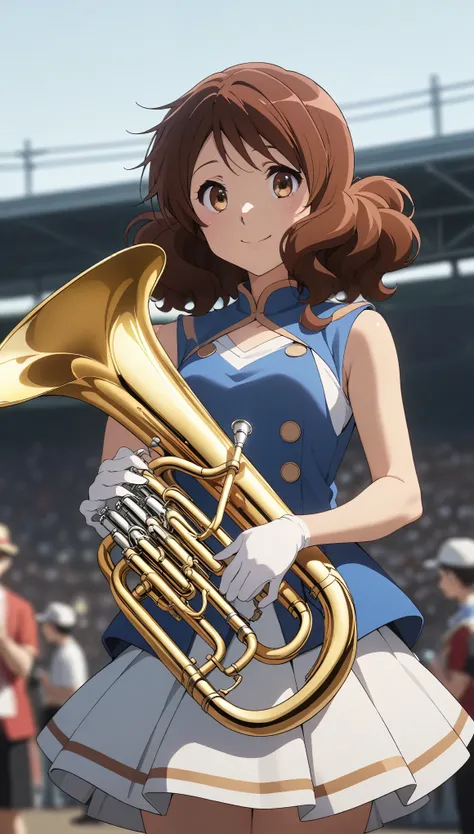 one girl,oumae kumiko,medium hair,have a euphonium,
sun festival,band uniform,mini shako cap,no sleeve,blue vest,small breasts,s...